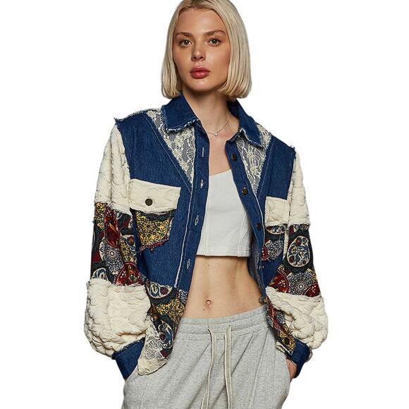 NWT POL Women’s Boho Balloon Sleeve Denim Patchwork Thermal Jacket - Picture 1 of 3